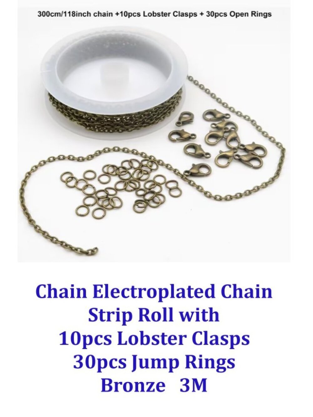 Electroplated Chain Roll w/ 10pcs Lobster Clasps  30pcs Jump Rings  3m  Bronze